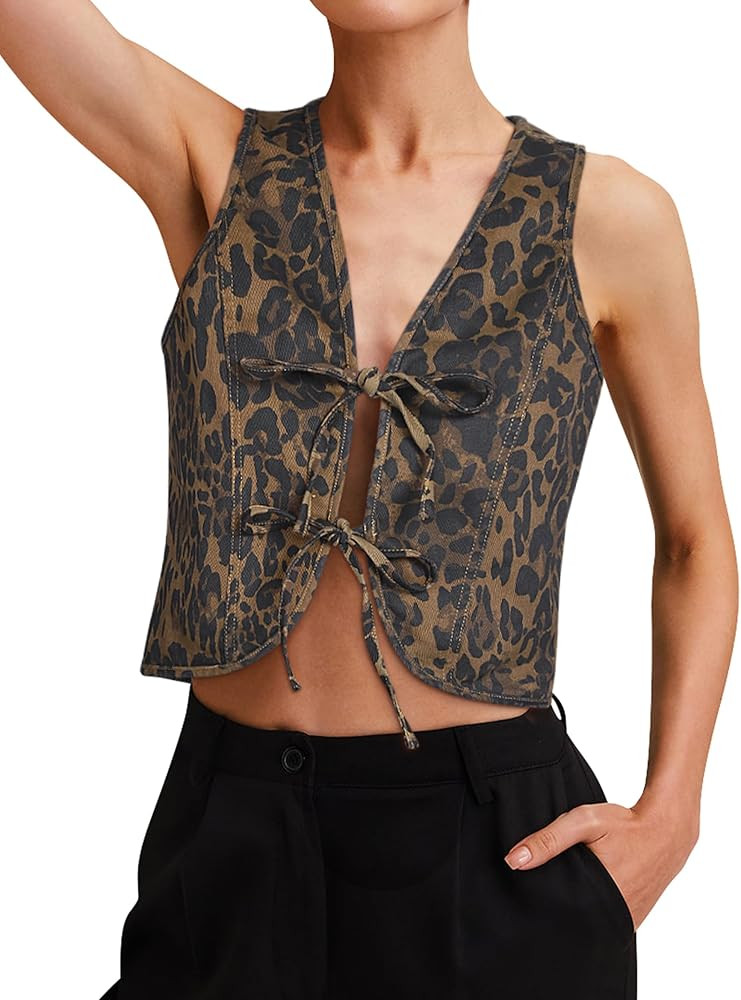 Womens Denim Vest Crop Sleeveless V Neck Denim Top Retro Tie Up Front Jean Vest | Amazon (US)