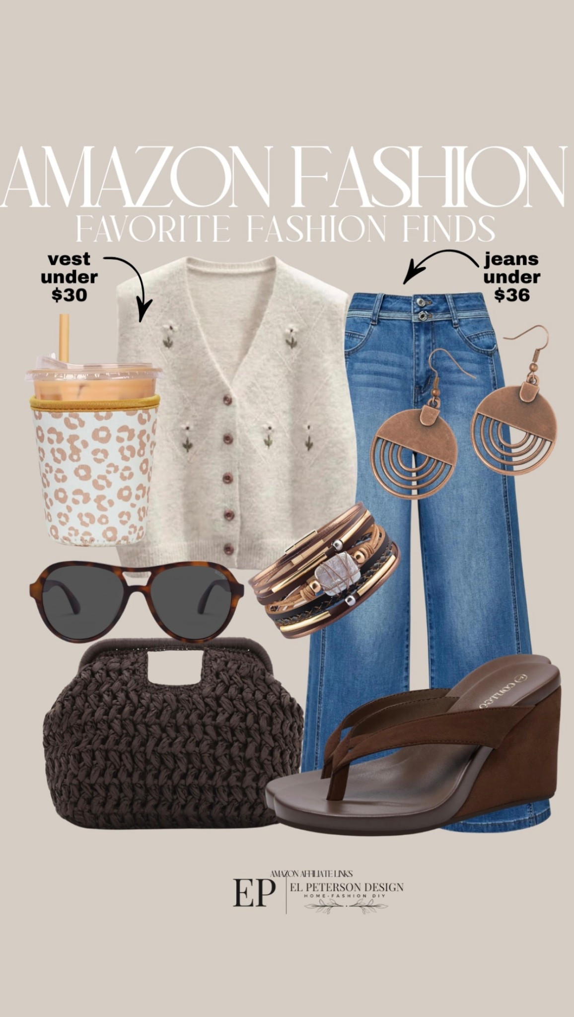Amazon Fashion
Jeans
Sweater vest
Purse
Sunglasses
Wedges
Bracelet
Cup sleeve
Earrings 