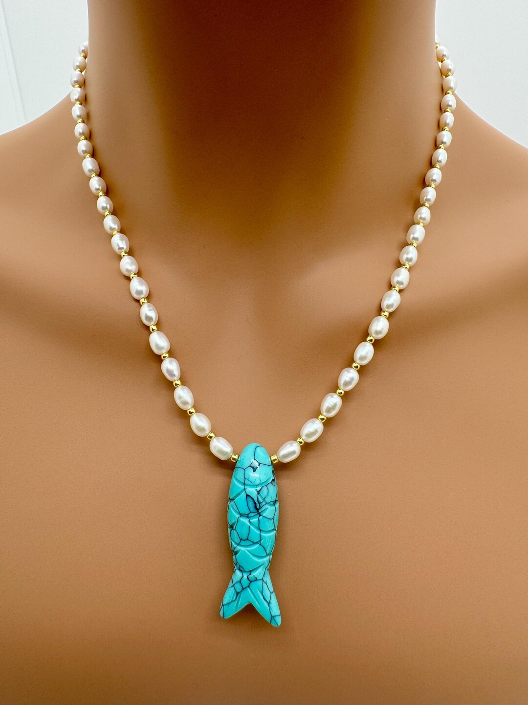 Freshwater Pearl Necklace: Turquoise Fish Pendant, 14K Gold Plated ，N26 - Etsy | Etsy (US)