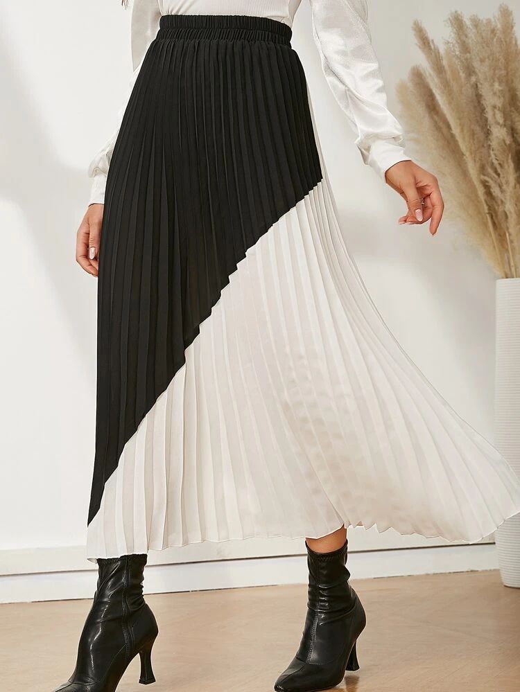 Color Block Pleated Elastic Waist Skirt | SHEIN
