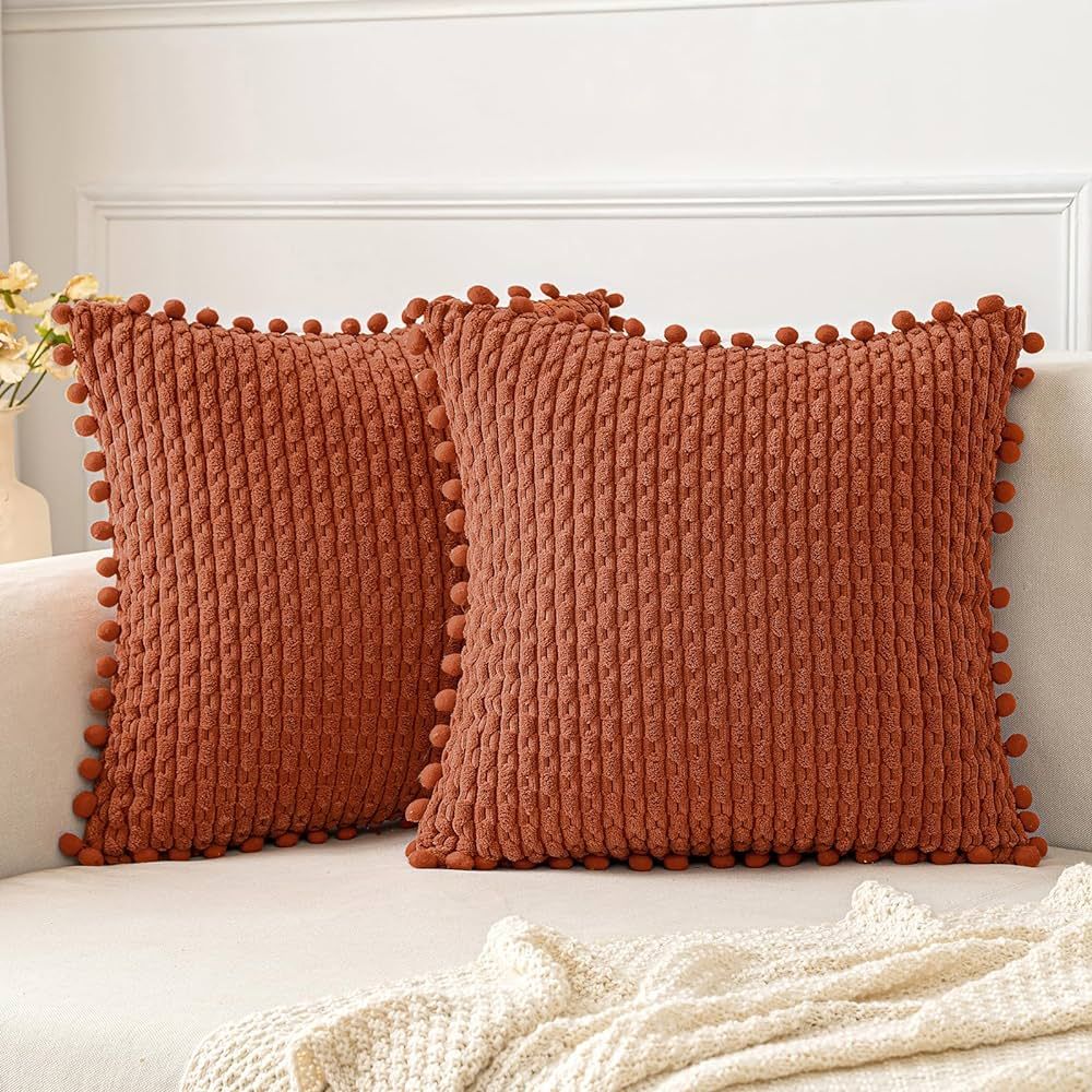 MIULEE Set of 2 Fall Burnt Orange Decorative Throw Pillow Covers 16x16 Inch with Pom-poms Soft Co... | Amazon (US)
