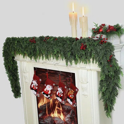 9 FT Realistic Thick Cedar Pine Garland - Lush Full Faux Greenery, Indoor Outdoor Xmas Holiday Decor for Fireplace Mantle Home Party | Wayfair North America