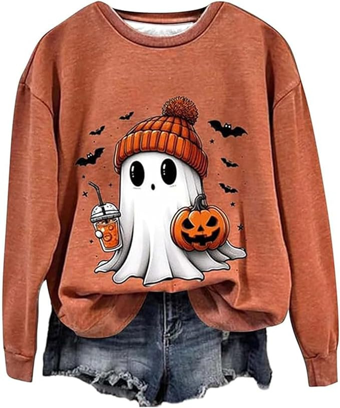 Ghost Sweatshirts for Women 2024 Halloween Sweater Cute Graphic Pullover Oversized Sweatshirt Tre... | Amazon (CA)