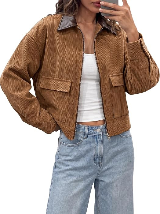 Tankaneo Womens Cropped Corduroy Jackets Oversized Zip Up Barn Bomber Coat | Amazon (US)