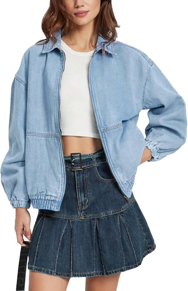 Women's Denim Jacket Oversized Zip Up Elastic Hem Classic Casual Loose Fit Bomber Jean Jackets | Amazon (US)