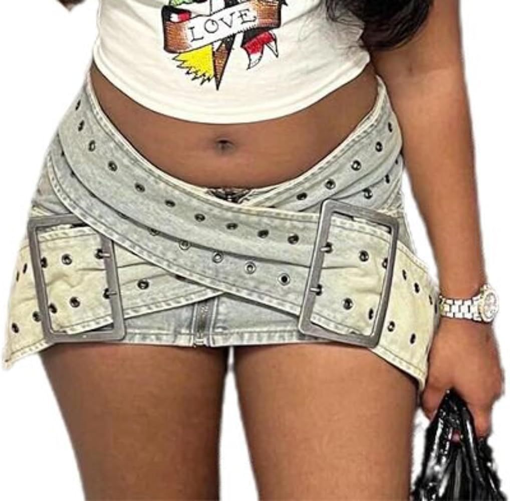 Tbahhir Women's Wrap Denim Mini Skirts Irregular Elastic Waist Criss Cross Belt Buckle Jean Skirt... | Amazon (US)