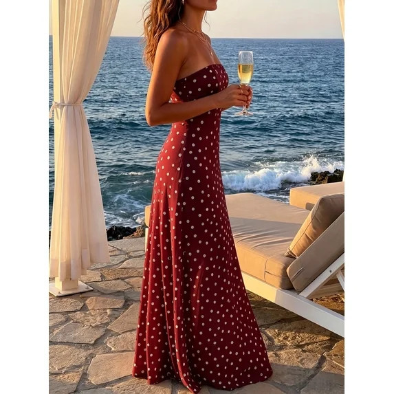 Elegant Red Polka Dot Strapless Sleeveless Chiffon Maxi Dress, Fitted A-Line Silhouette For Summe... | Walmart (US)