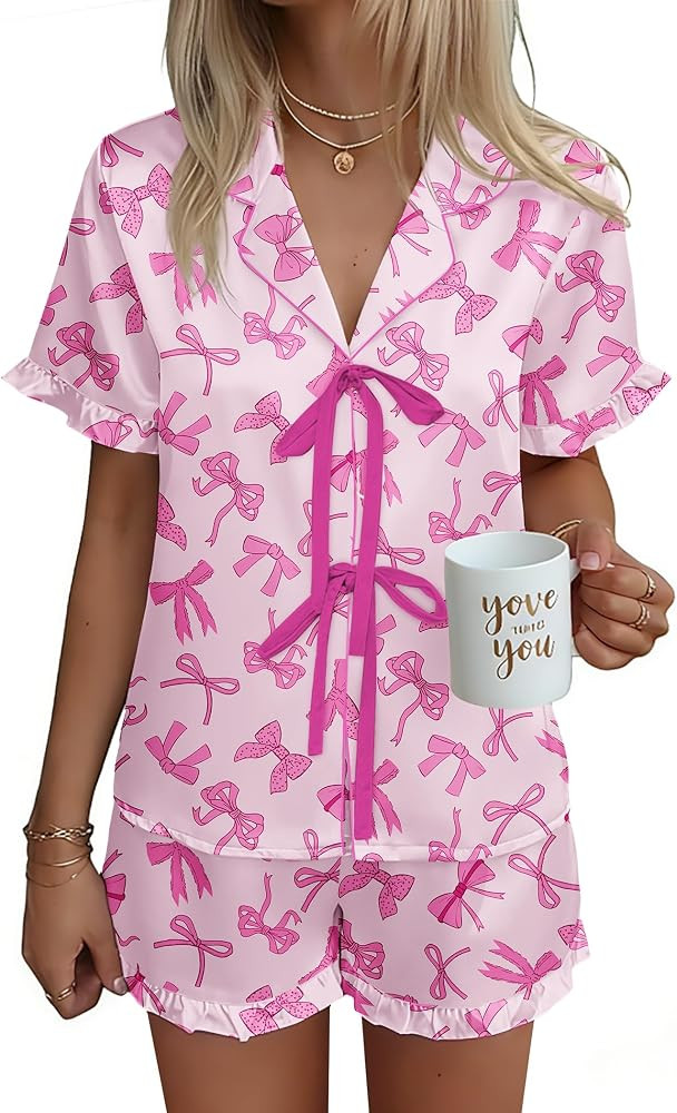 Ekouaer Satin Pajama for Women Short Sleeve Silky Pj Short Set Bow Front Tie Up Loungewear Sleepw... | Amazon (US)