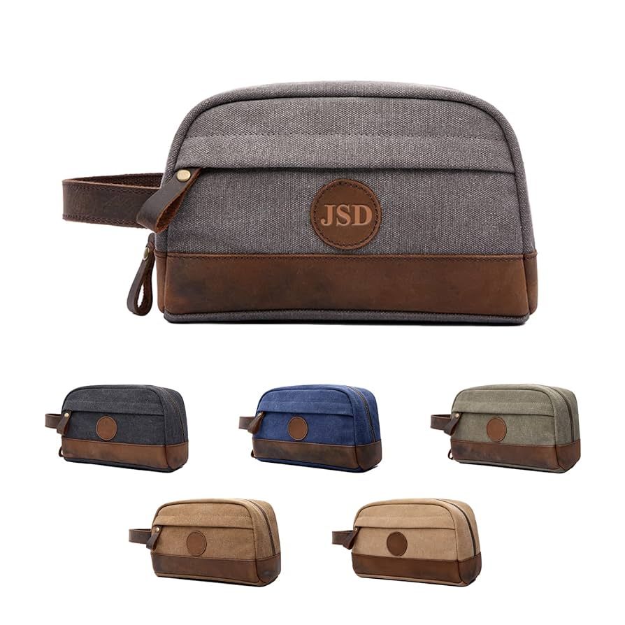 Handcrafted Canvas Toiletry Bag for Men Personalized, Custom Laser Engraved Initials Names on Lea... | Amazon (US)