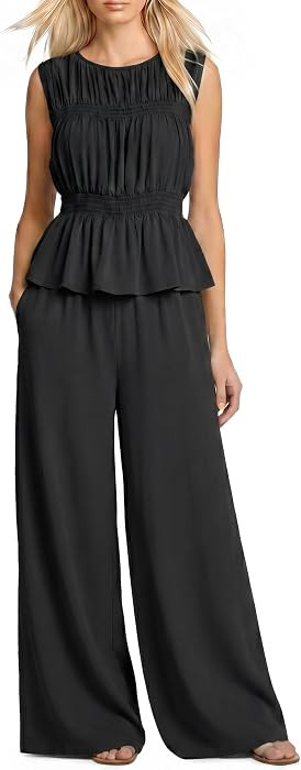 Women's 2 Piece Outfits Summer Boho Pleated Ruffle Sleeveless and Wide Leg Pants Set Casual Vacat... | Amazon (US)