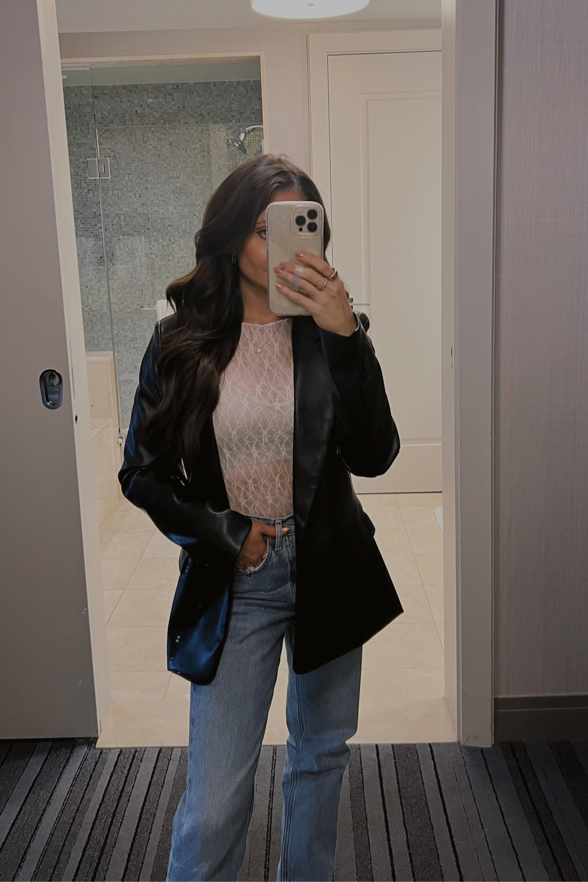 Black leather blazer from amazon (xxs), sheer lace top (xs), agolde jeans (23) 

Amazon fashion, amazon blazer, straight leg jeans, casual outfit, weekend outfit, date night outfit 

#LTKunder50 #LTKunder100 #LTKstyletip