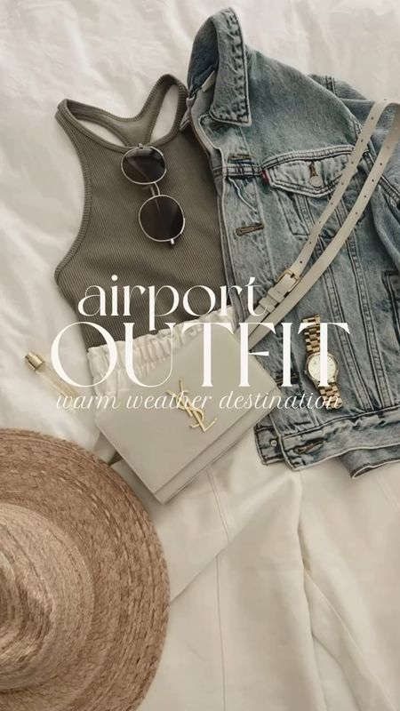 Warm weather destination airport outfit!
I'm just shy of 5'7 wearing the size MEDIUM denim jacket, size
SMALL tank and XS pants.
#StylinbyAylin 

#LTKtravel #LTKSeasonal #LTKstyletip