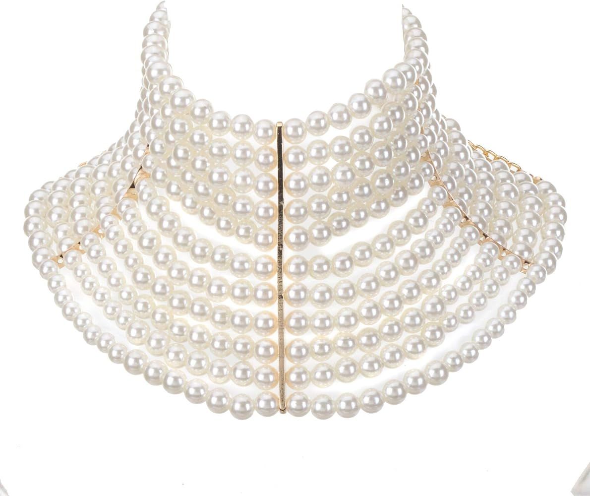 Fashion Jewelry Chunky Statement Necklace, Simulated Pearls Bib Necklace Costume | Amazon (US)