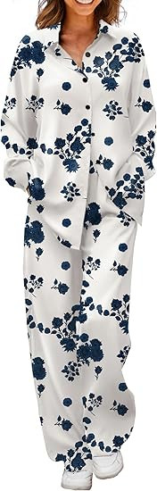 Ekouaer Womens Satin Silky Pajama Set 2 Piece Print PJs Soft Loungewear Button Down Sleepwear wit... | Amazon (US)