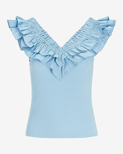Ribbed Poplin Ruffle V-Neck Tank | Express