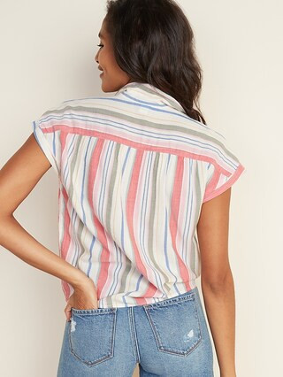 Multi-Stripe Notched-Collar Tie-Hem Shirt for Women | Old Navy (US)