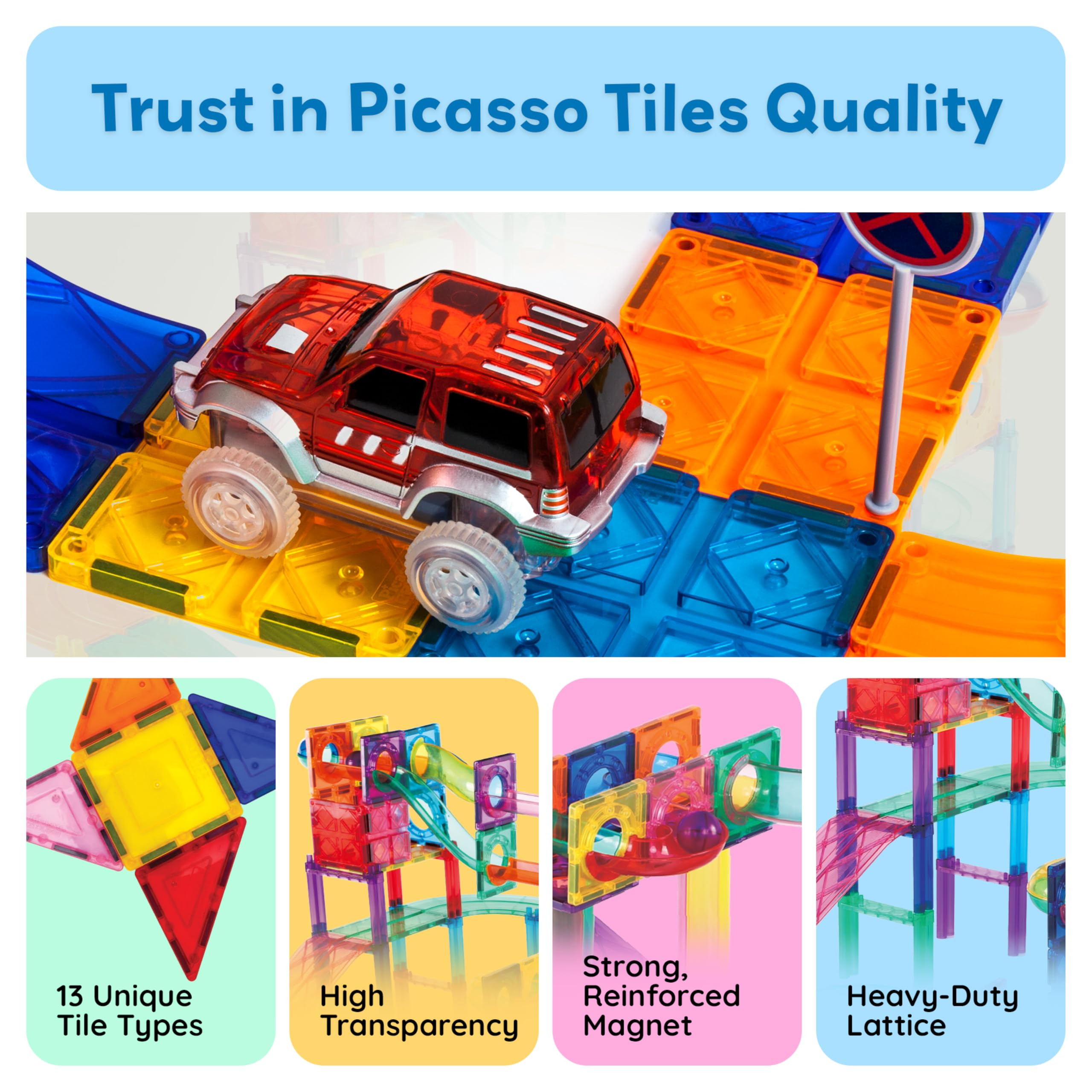 PicassoTiles 108pc Magnetic Marble Run Set with Building Tiles Race Track Car Slides Set STEM Lea... | Amazon (US)