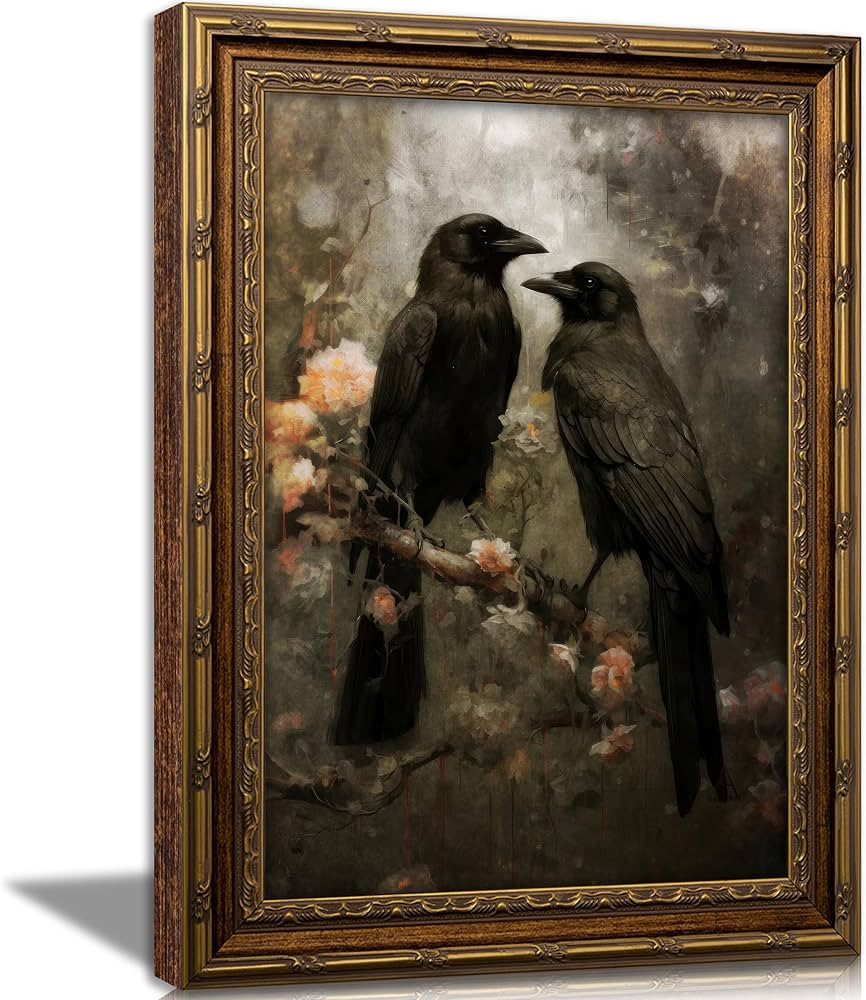 Vintage Gold Framed Crow Wall Art, Dark Academia Raven Canvas Prints, Gothic Floral Aesthetic Bla... | Amazon (US)
