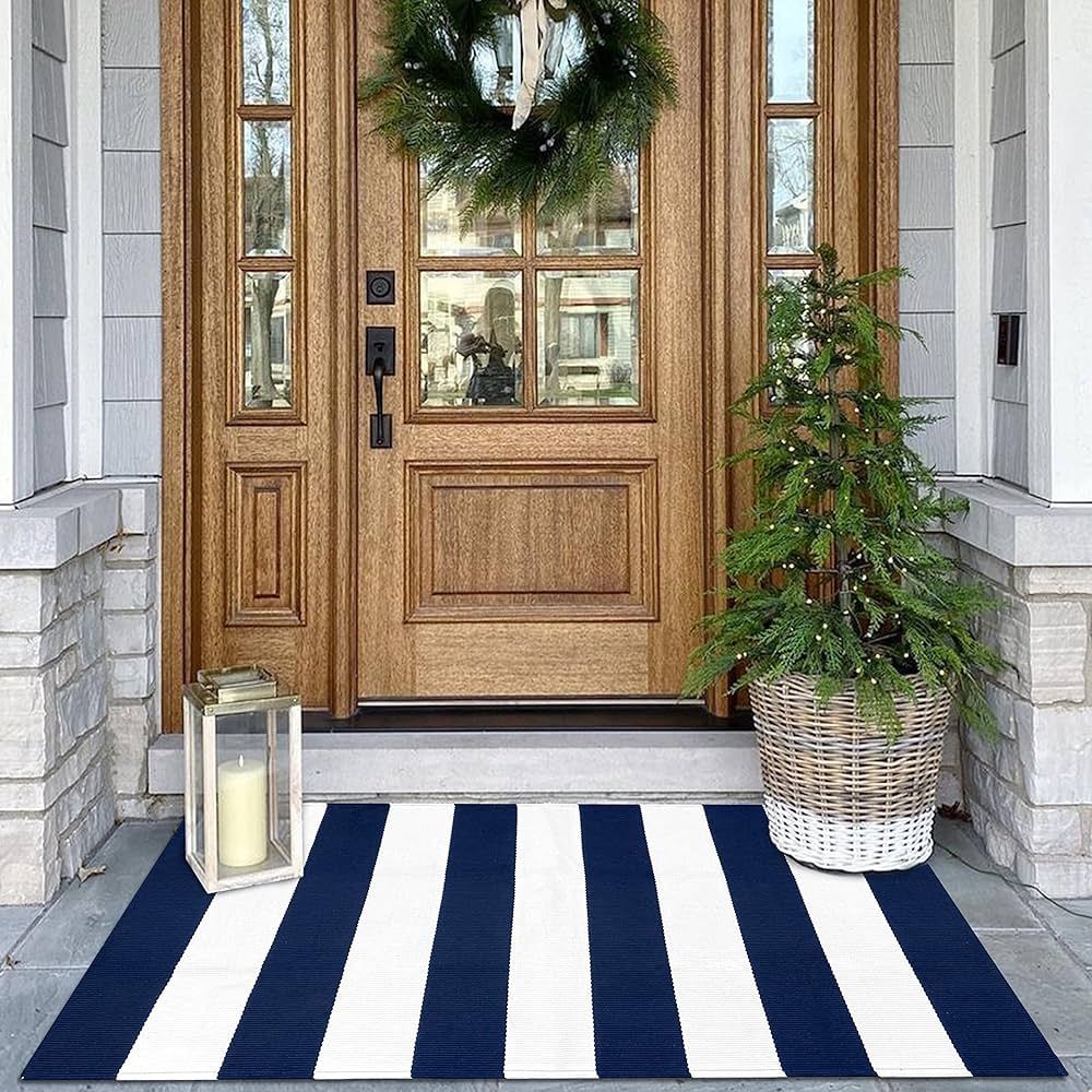 KOZYFLY Striped Outdoor Rug 27.5x43 Inches Front Door Rug Navy and White Woven Cotton Washable Ou... | Amazon (US)
