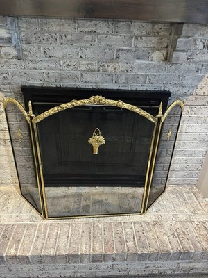 French Style 3-Panel Fireplace Screen - Ornate Brass & Black Mesh 51x33\u201d | eBay US