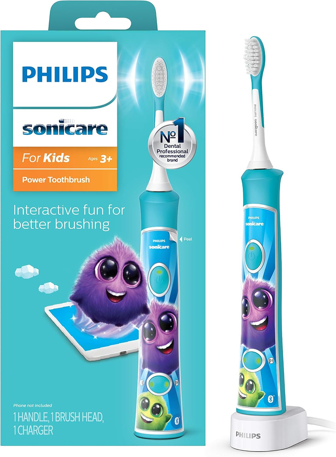 Philips Sonicare for Kids 3+ Bluetooth Connected Rechargeable Electric Power Toothbrush, Interactive for Better Brushing, Turquoise, HX6321/02 | Amazon (US)