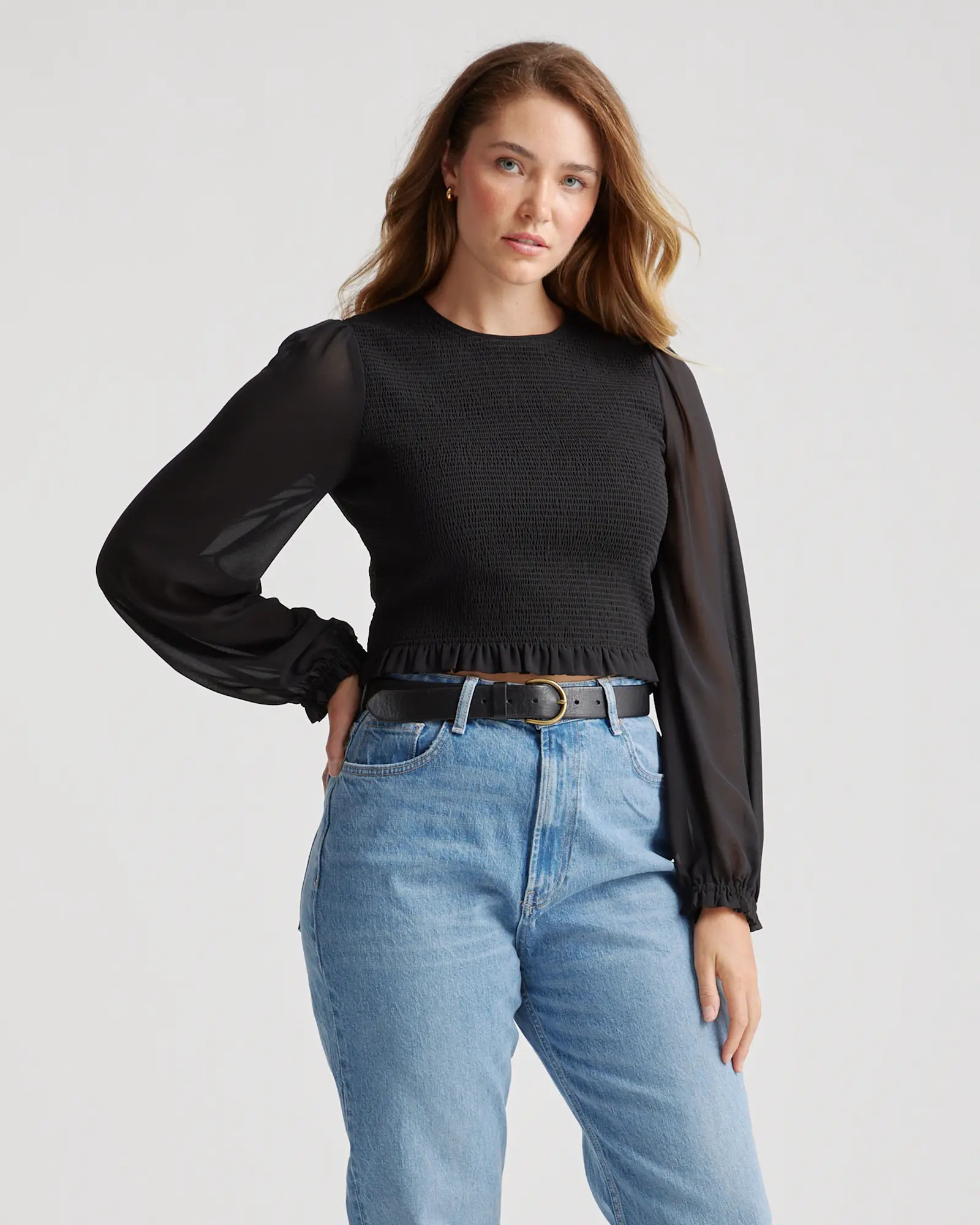 Chiffon Cropped Smocked Blouse | Quince