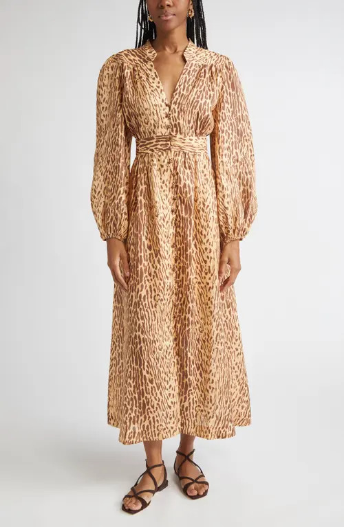 Zimmermann Cascadian Leopard Print Long Sleeve Linen Midi Dress in Tan Leopard at Nordstrom, Size 0P | Nordstrom