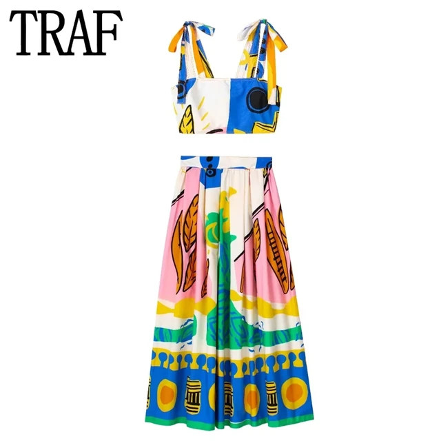 TRAF Printed Long Skirts For Women Fashion 2023 Pleated Midi Skirt Woman High Waist Skirt Sets Streetwear Summer Beach Skirt | AliExpress (US)