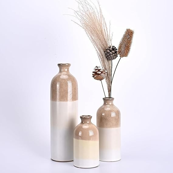 TERESA'S COLLECTIONS Beige Vase Set, Rustic Farmhouse Ceramic Vases for Mantel Decor, Decorative ... | Amazon (US)
