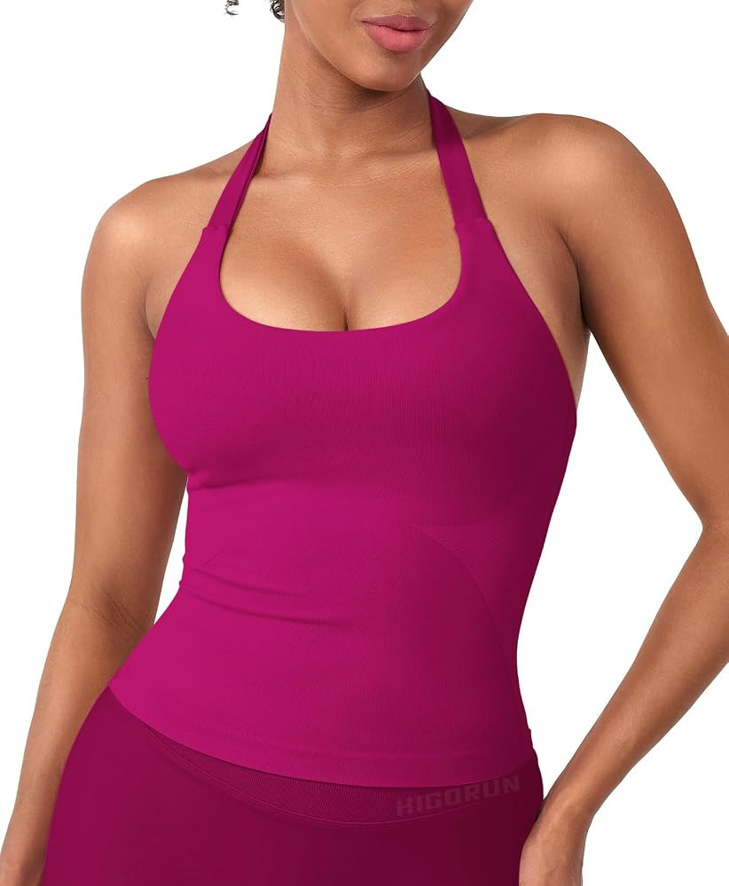 HIGORUN Women Halter Impact Tank Tops with Built in Bras Longline Crop Top | Amazon (US)