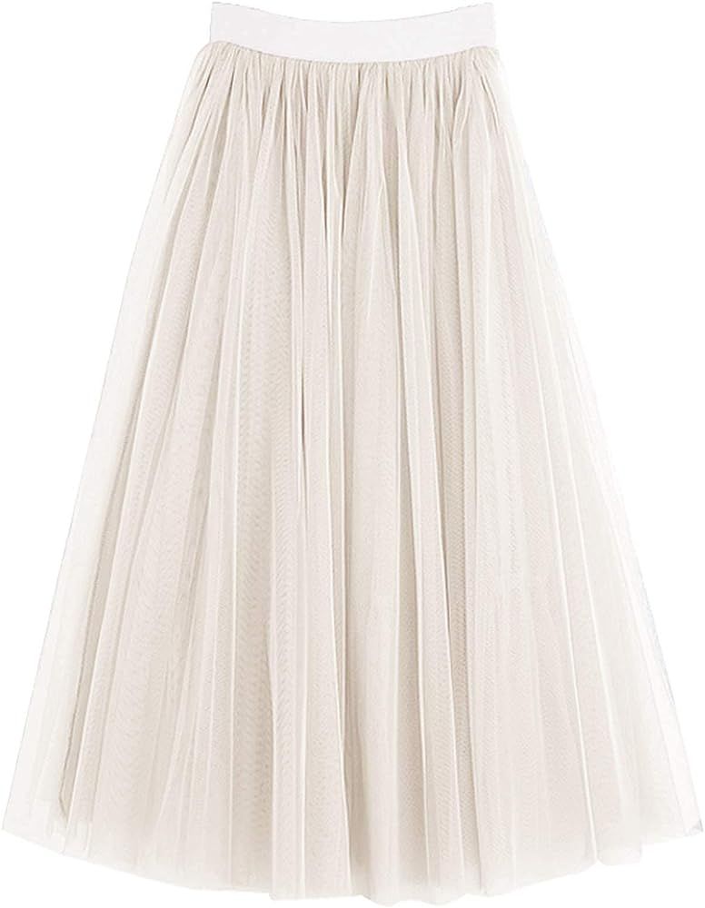 LBKKC Women's Midi Tulle Skirt Elastic Waist 3 Layered Mesh Formal Prom Party Tutu Skirt A Line | Amazon (US)