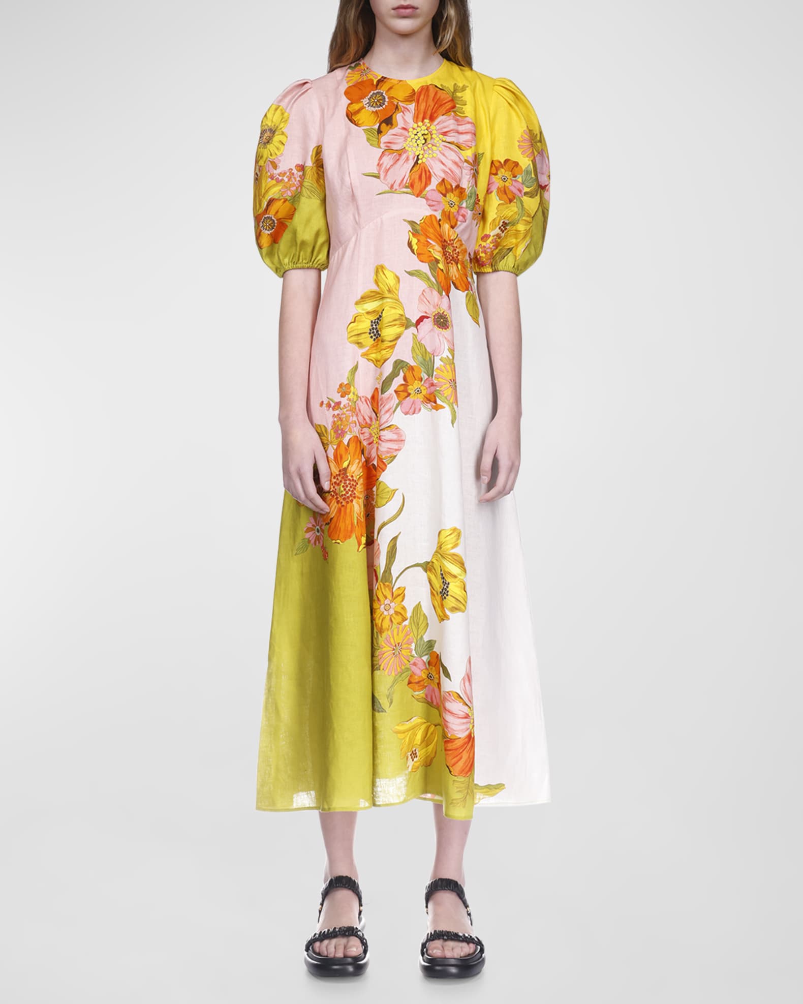 Silas Puff-Sleeve Floral Linen Midi Dress | Neiman Marcus