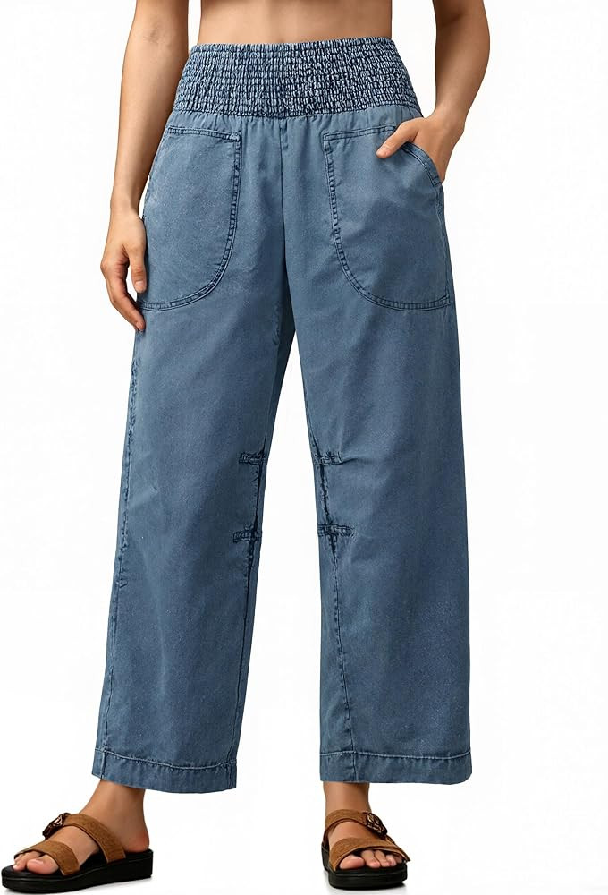 Womens Smocked Barrel Jeans Casual Trendy High Waisted Baggy Pull On Denim Pants | Amazon (US)