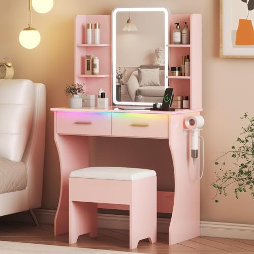 Vanity Desk with LED Lights Mirror & Power Outlet, Small Makeup Vanity Table Set with Storage Drawers & Chair, 3 Lighting Modes & Adjustable Brightness, Dressing Table for Women Girls Bedroom, Pink | Amazon (US)