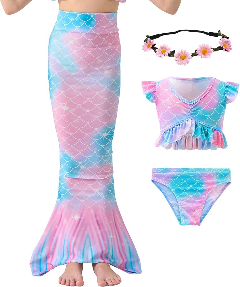GALLDEALS Girls 3 Piece Swimsuit Bathing Suits Bikini with Matching Tail Cover Up Skirt 3 to 12 Y... | Amazon (US)