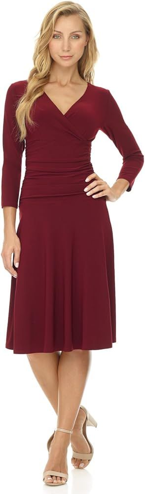 Rekucci Women's Slimming 3/4 Sleeve Fit-and-Flare Crossover Tummy Control Dress | Amazon (US)