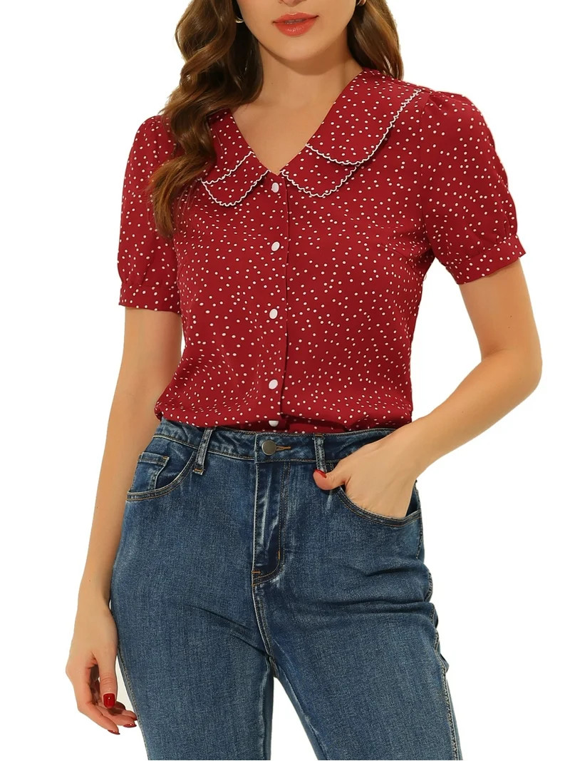 INSPIRE CHIC Women's Vintage Blouse Polka Dots Peter Pan Collar Puff Short Sleeves Shirt Top S Re... | Walmart (US)