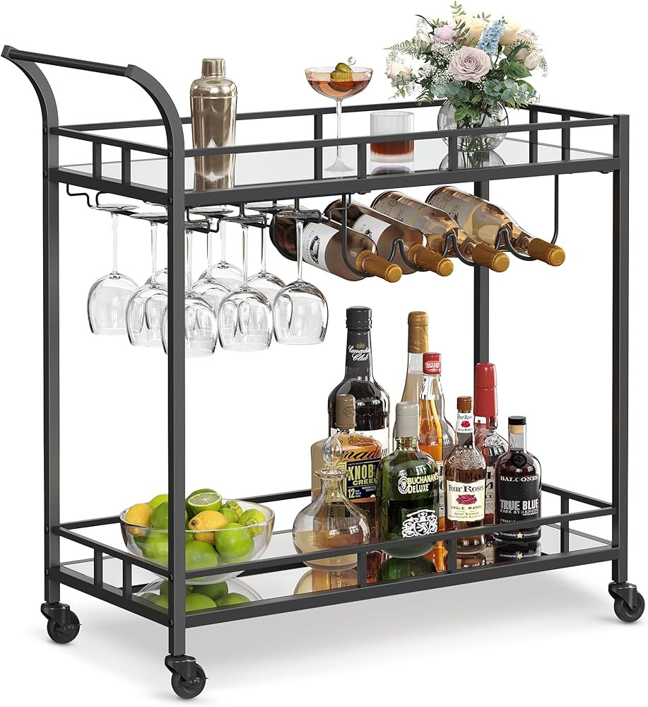 VASAGLE Bar Cart Black, Home Bar Serving Cart, Wine Cart with 2 Mirrored Shelves, Wine Holders, G... | Amazon (US)
