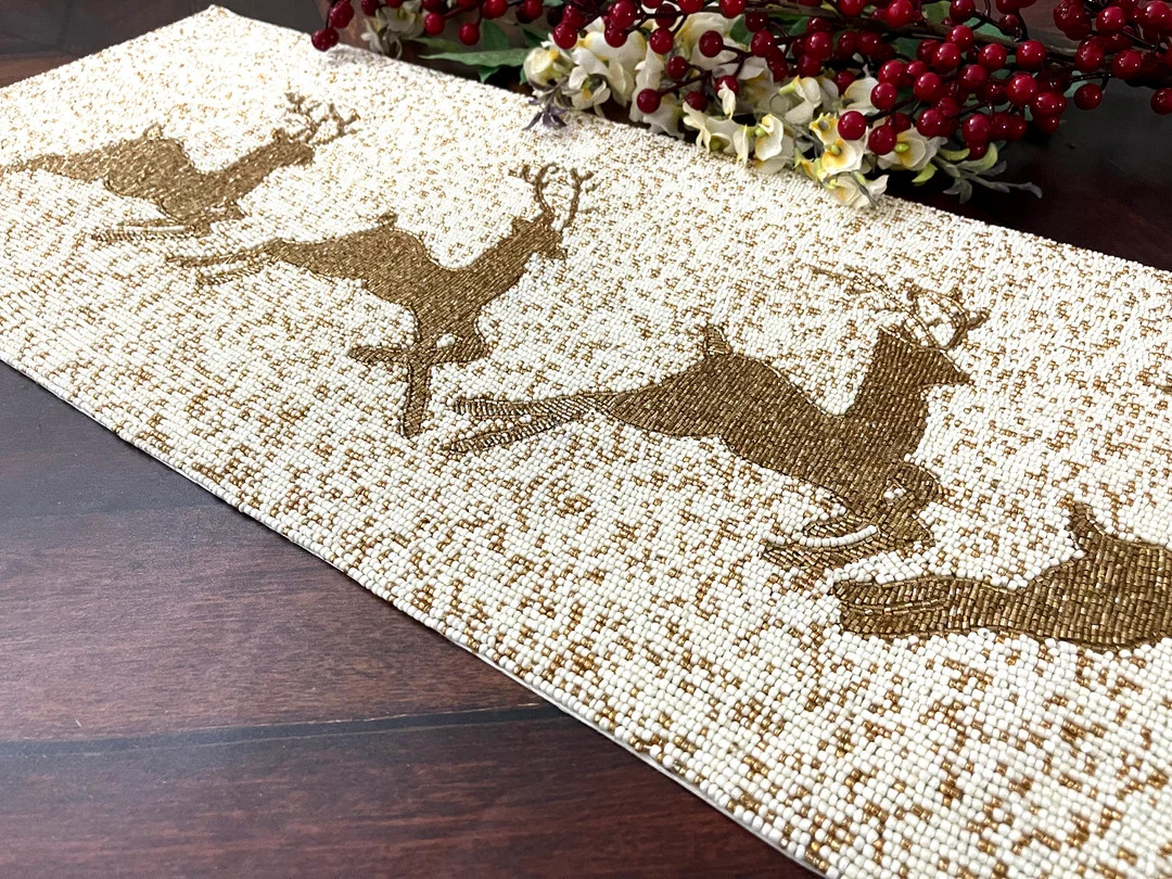 Christmas Special beaded runner and placemat, 13x48 inch, gold reindeer, gift for her | Etsy (US)
