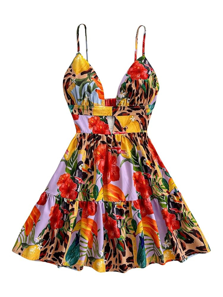 Milumia Women's Floral Graphic Print Cami Dress Boho V Neck Cut Out Backless A Line Short Dresses | Amazon (US)