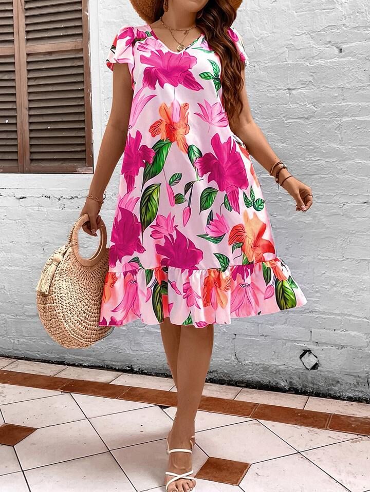 SHEIN VCAY Plus Floral Print Ruffle Hem Smock Dress | SHEIN