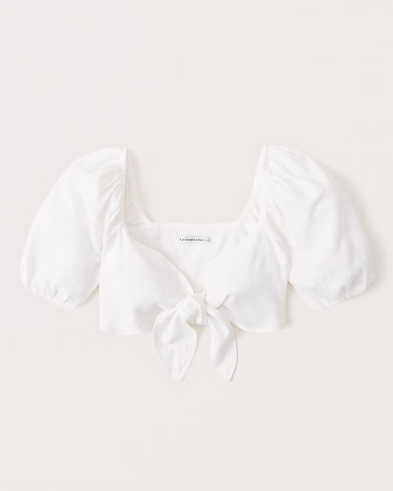 Women's Tie-Front Linen-Blend Puff Sleeve Top | Women's Tops | Abercrombie.com | Abercrombie & Fitch (US)