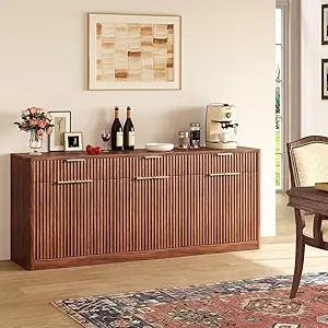 Evermagin 67" Fluted Walnut Sideboard Buffet Cabinet with 3 Drawers, Modern Credenza with Storage... | Amazon (US)