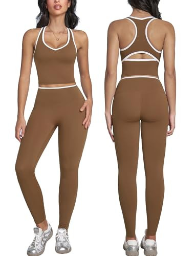 ABOCIW Workout Sets for Women Color Block Gym Set V Neck Racerback Tank Top Built in Bra High Waist Tummy Control Leggings Yoga Pilates Outfits Athletic Work Out Clothes Brown X-Small | Amazon (US)