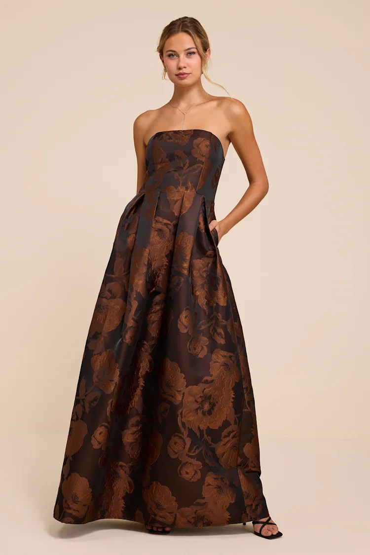 Laurelin Brown Floral Jacquard Pleated Strapless Maxi Dress | Lulus