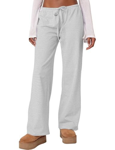 Ugerlov Women's Wide Leg Striped Pants Casual Drawstring Elastic Low Rise Pajama Pants Lounge Wear Trousers, Grey XS | Amazon (US)