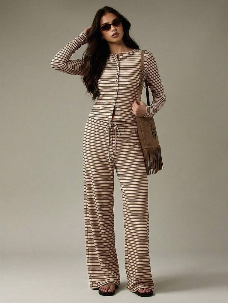MISSGUIDED Striped Button Up Cardigan And Wide Leg Pants Co Ord Set For Women Casual Lounge Wear Fall Winter Ribbed Knit Matching Outfit | SHEIN