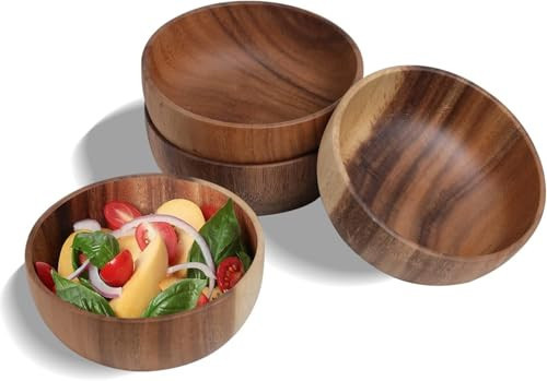 junnire Acacia Wood Salad Bowls 6.3 Inches Set of 4 Individual Large Wood Bowl for Cereal Fruits Salads and Decoration | Amazon (US)
