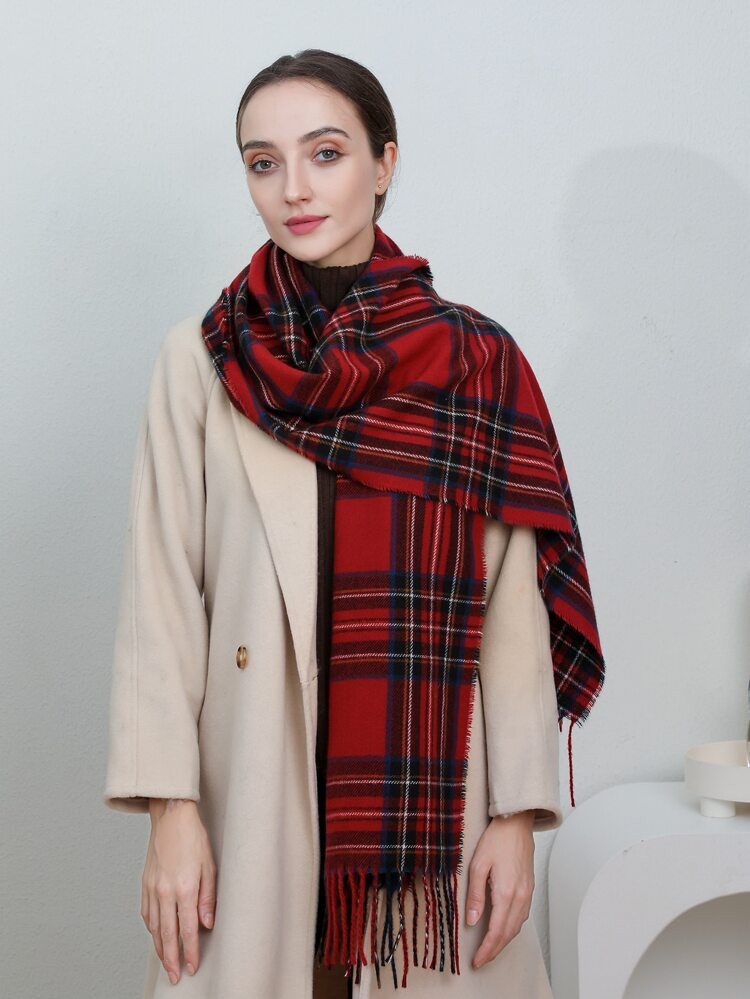 Tartan Print Fringe Trim Scarf | SHEIN