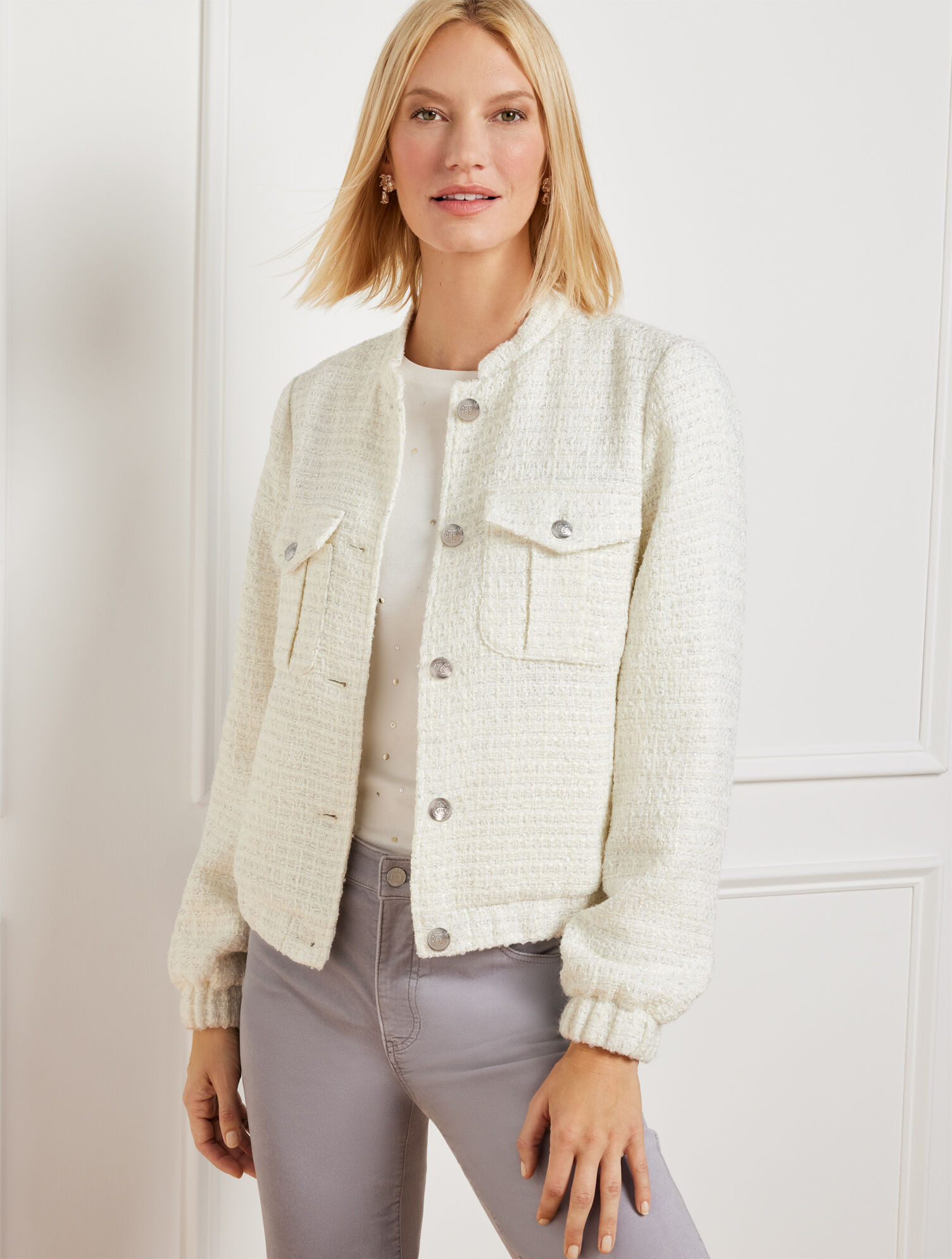 Sparkle Tweed Bomber Jacket | Talbots